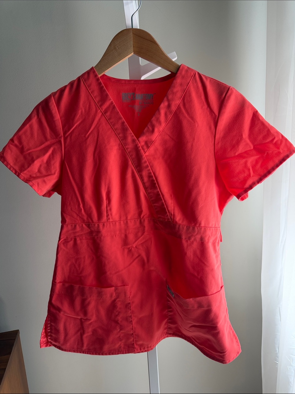 Grey's Anatomy Women's Coral-Red Wrap V-Neck Scrub Top